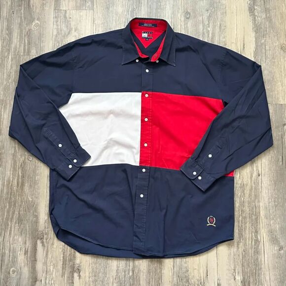 Vintage Tommy Hilfiger Big Flag Spellout Button Shirt Size XL RARE